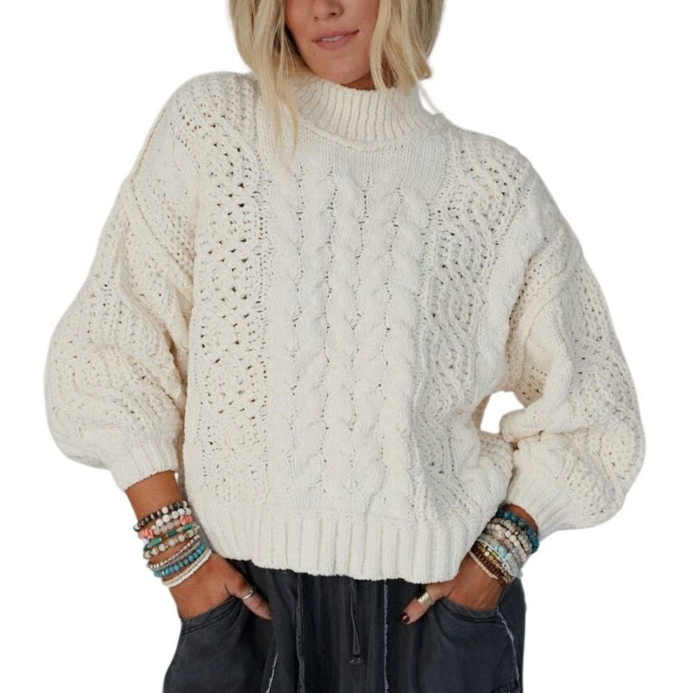 POL Cable Knit Sweater Women Large Cream Oversized Chunky Chenille Soft